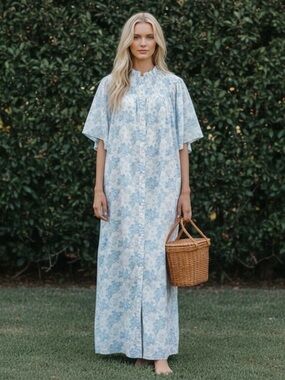 NWT LILLOU Floral Maxi Dress Sz S  Full Button Cottage Regency French Toile